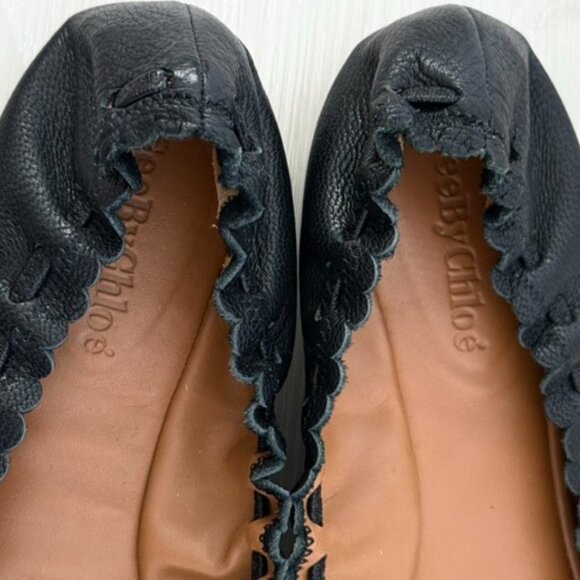 See by Chloe Black Leather Jane Scallop Ballet Flats Size 36.5 (US Womens 6) - Picture 2 of 3